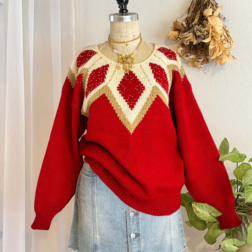 Vintage 80s Dana Scott Red and White Colorblock Beaded Angora Blend Sweater